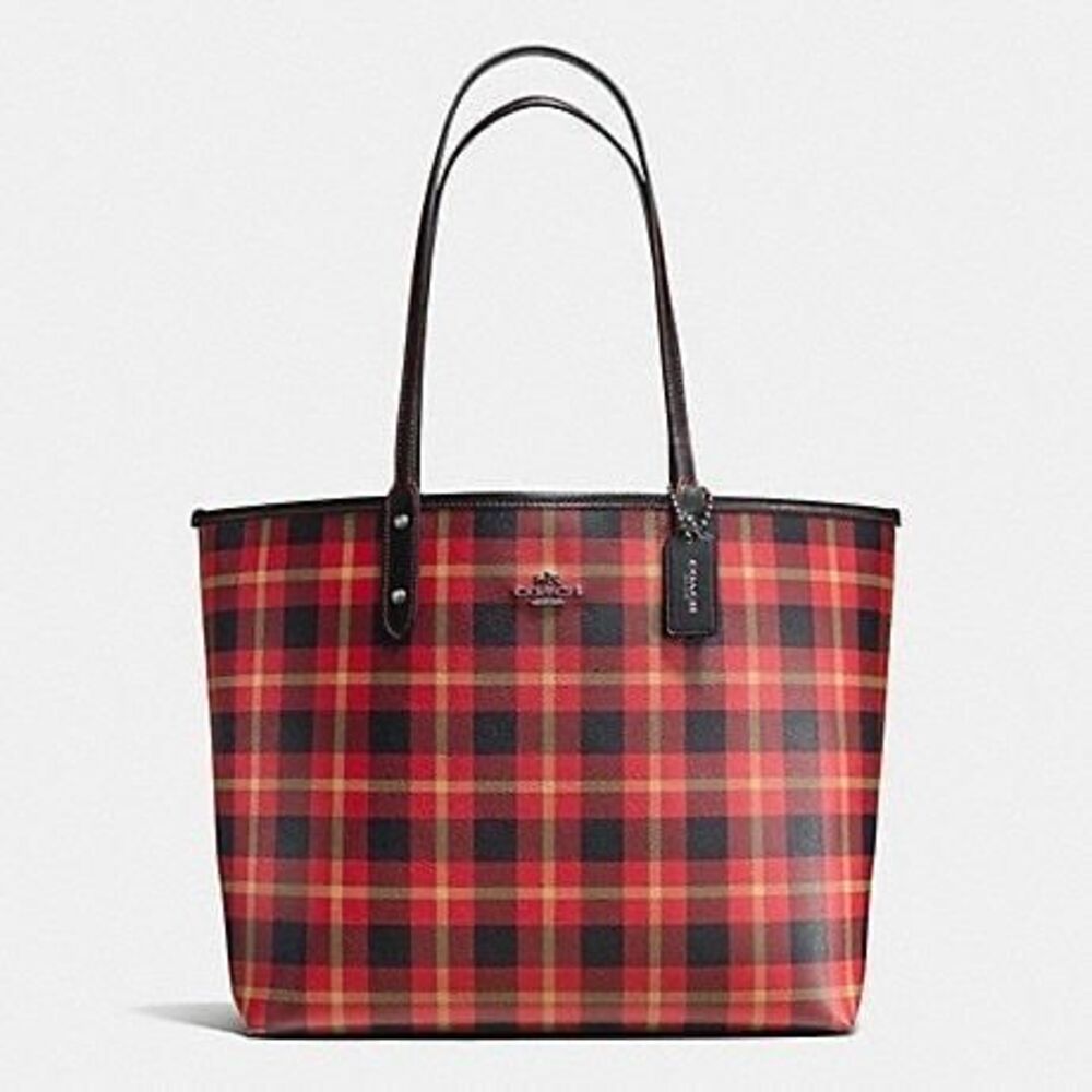 COACH REVERSIBLE CITY TOTE IN RILEY PLAID COATED CANVAS NWOT